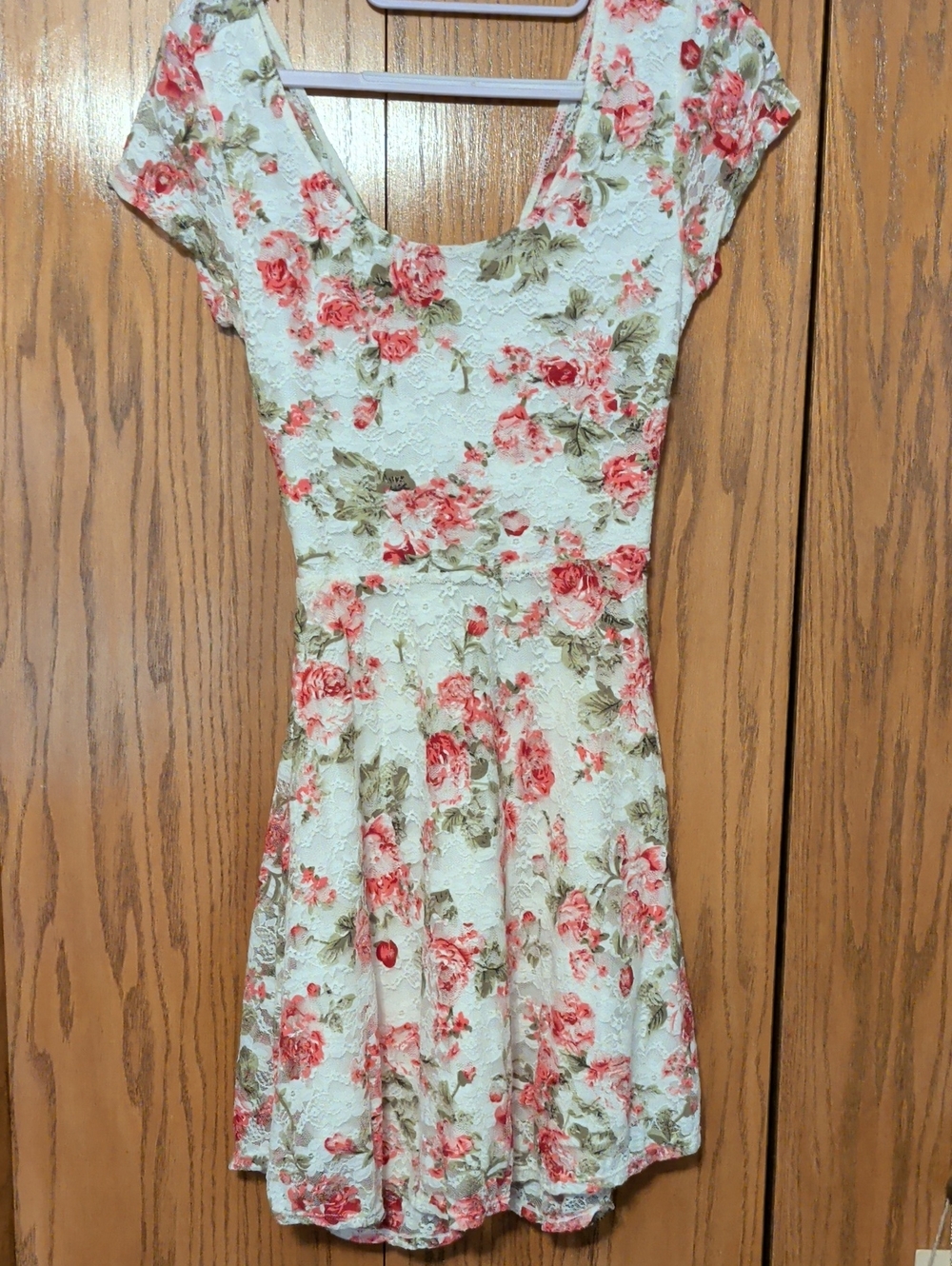 Wet Seal White Lace Floral Fit & Flare Dress with Pink Roses